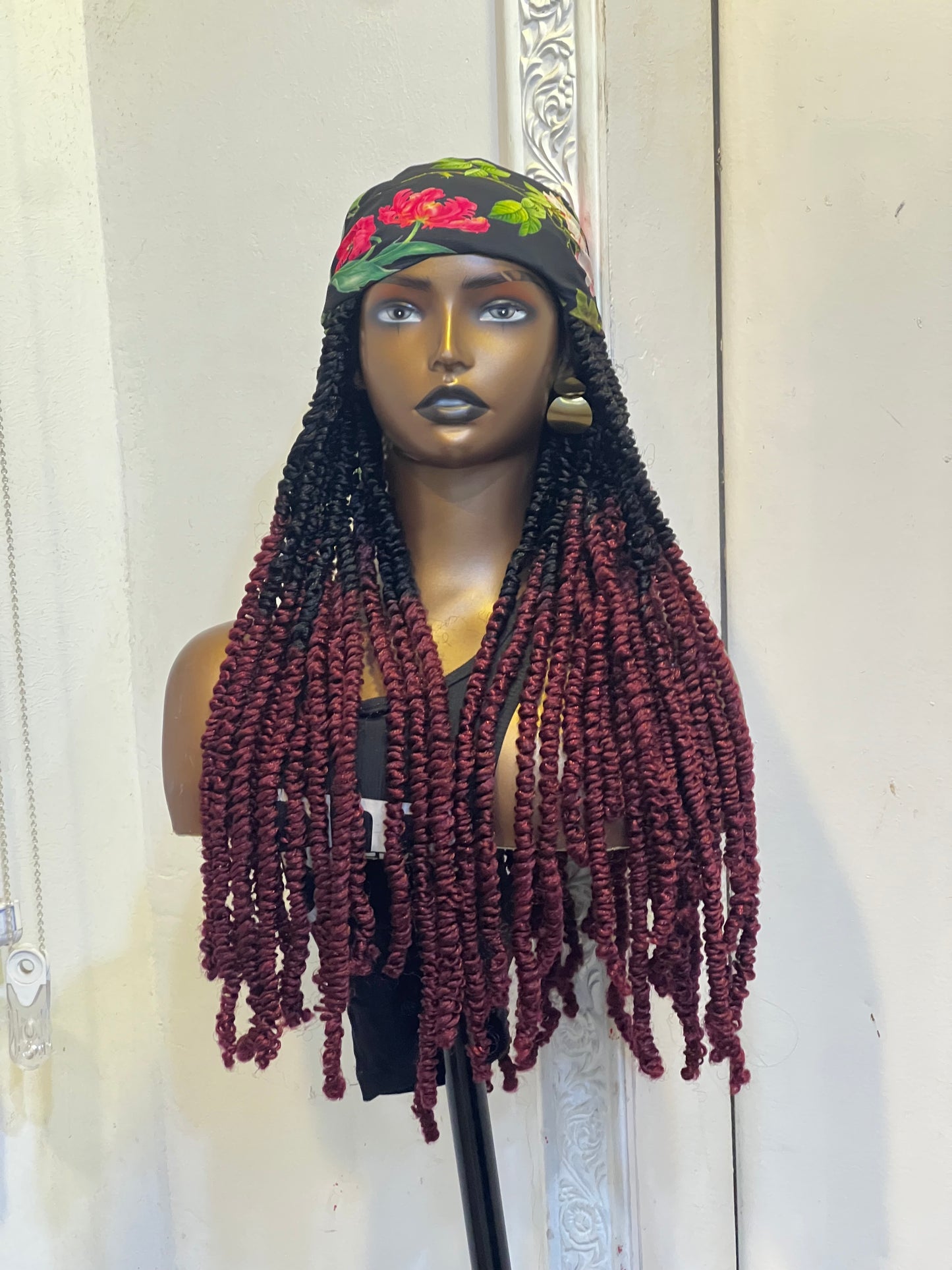 Wine ombré fluffy locs in flowery scarf