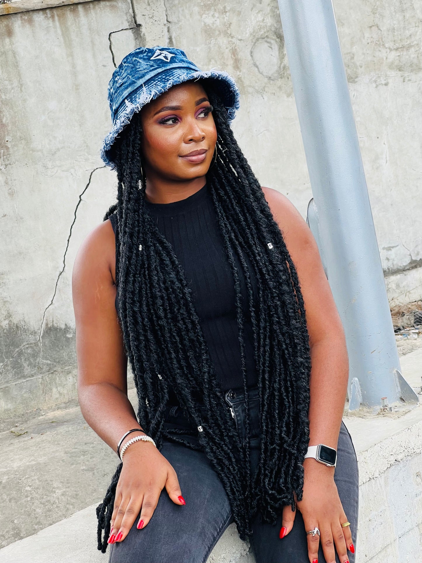 Accessorized Denim bucket hat wig