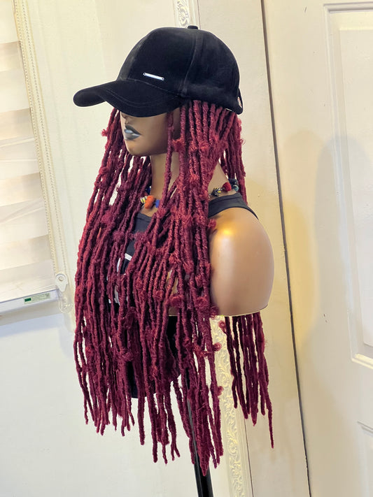 Burgundy butterfly locs on cap