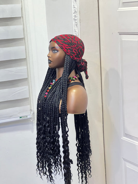 Black braids on red scarf