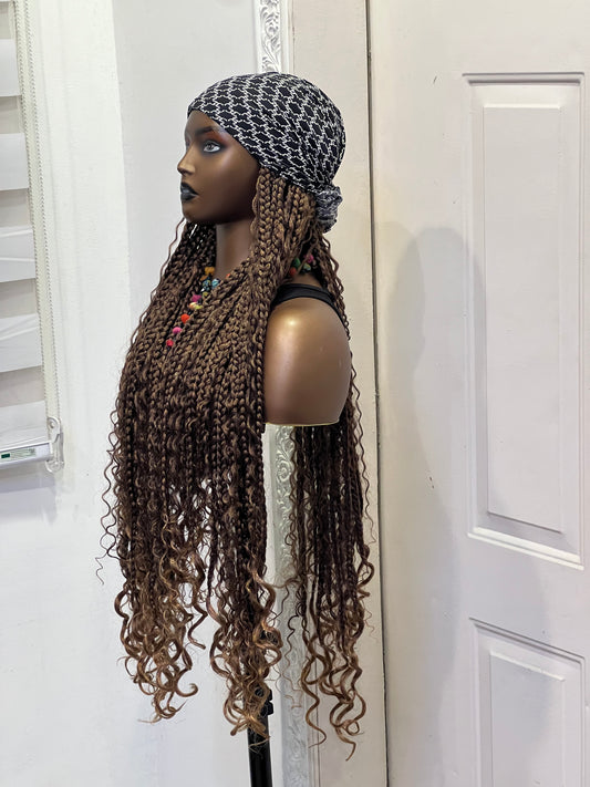 Brown boho braids on b/w scarf