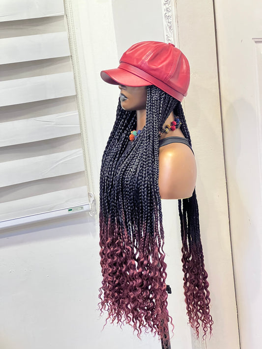 Wine premium hat on wine ombré braids