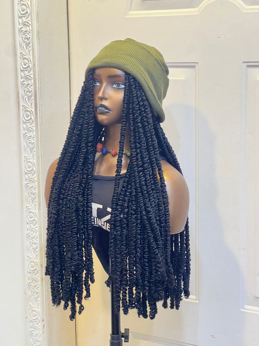 Army green beanie on black fluffy locs
