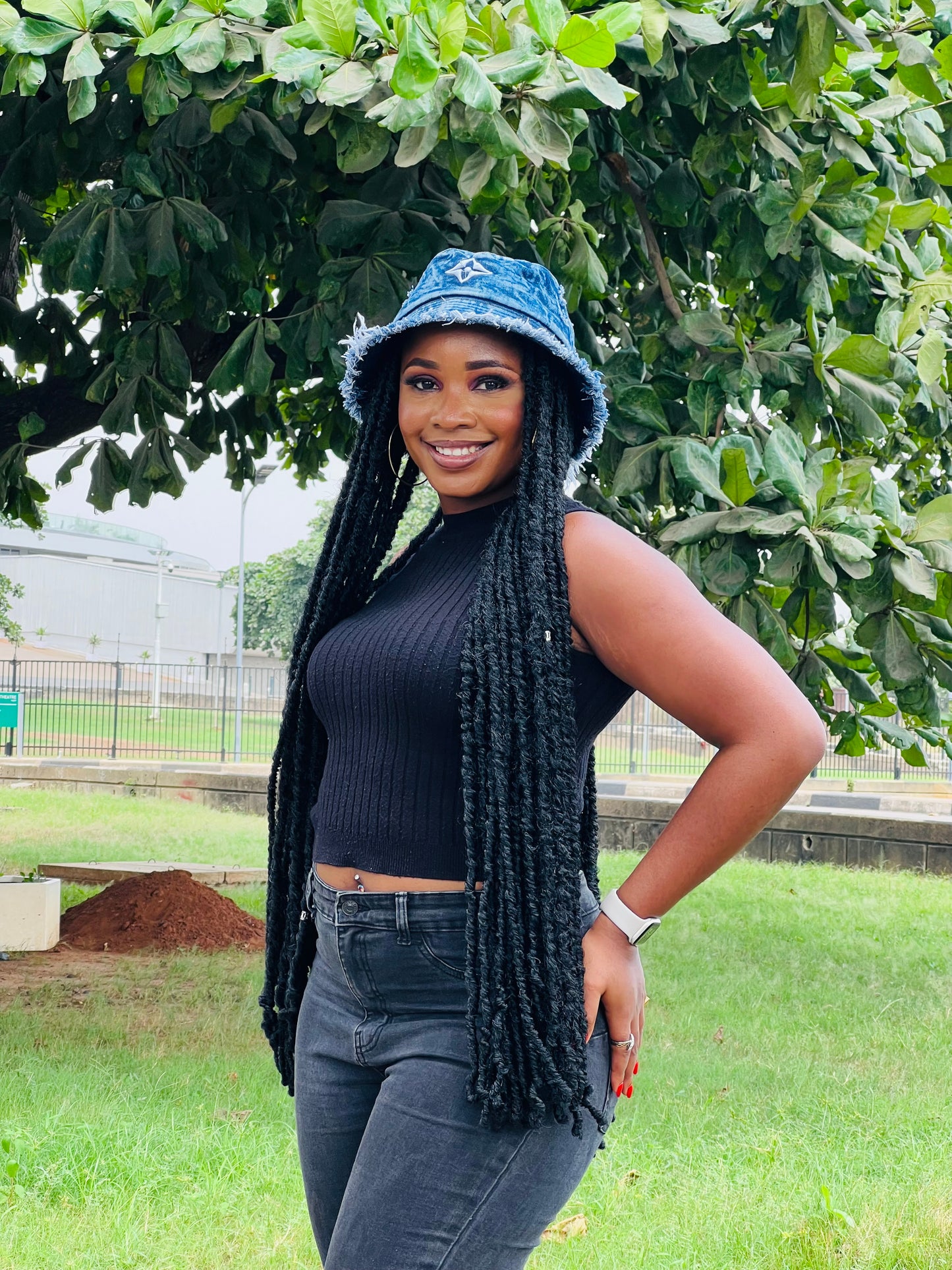 Accessorized Denim bucket hat wig