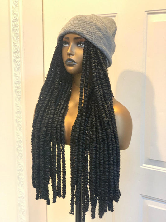 Grey beanie on black fluffy LOCS