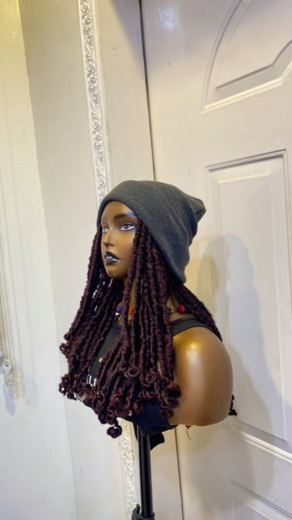 Grey beanie on burgundy dreads