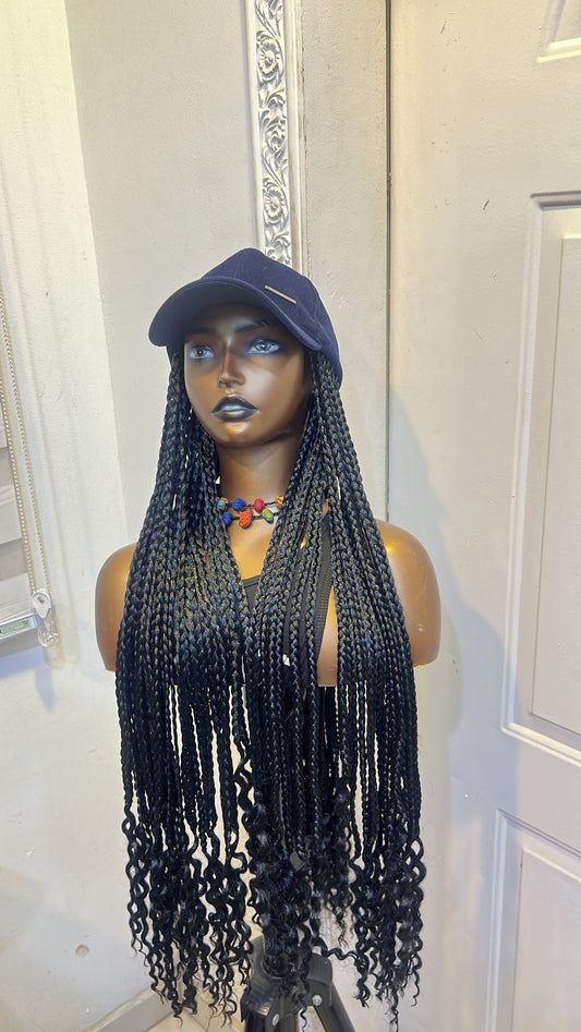 Navy Blue face cap on black box braids