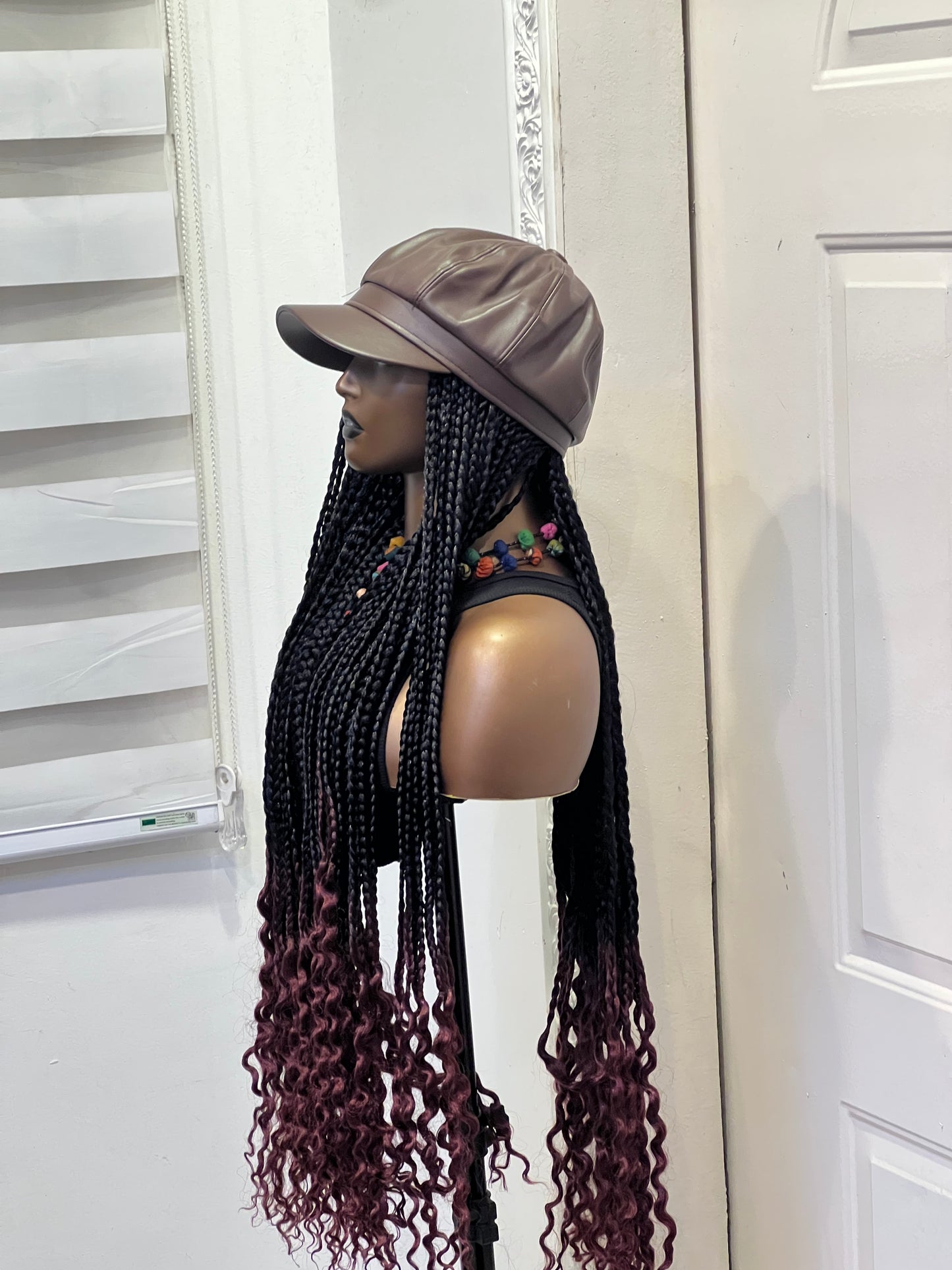 Wine ombré braids on coffee brown premium hat