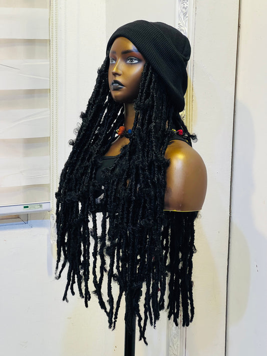 Black beanie on black butterfly locs