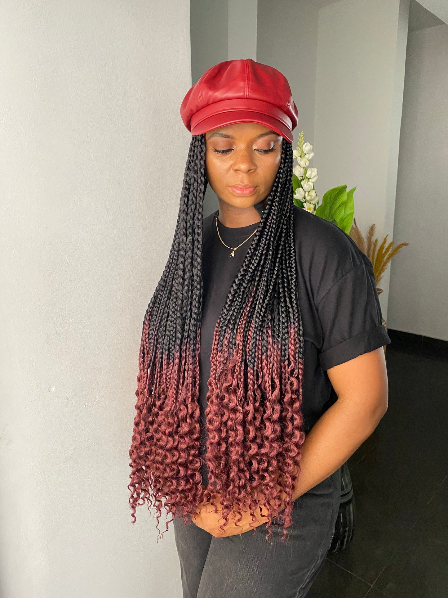 Wine premium hat on wine ombré braids