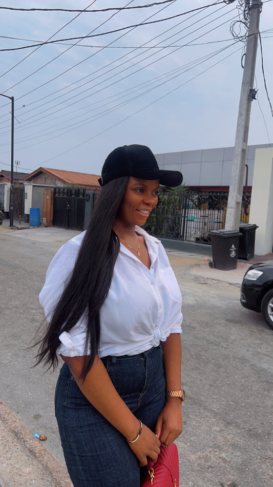 Silky straight on black face cap
