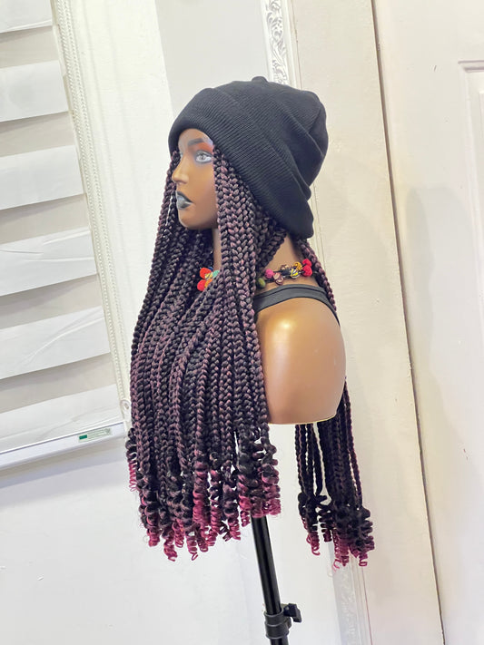 Wine boss braids on black beanie