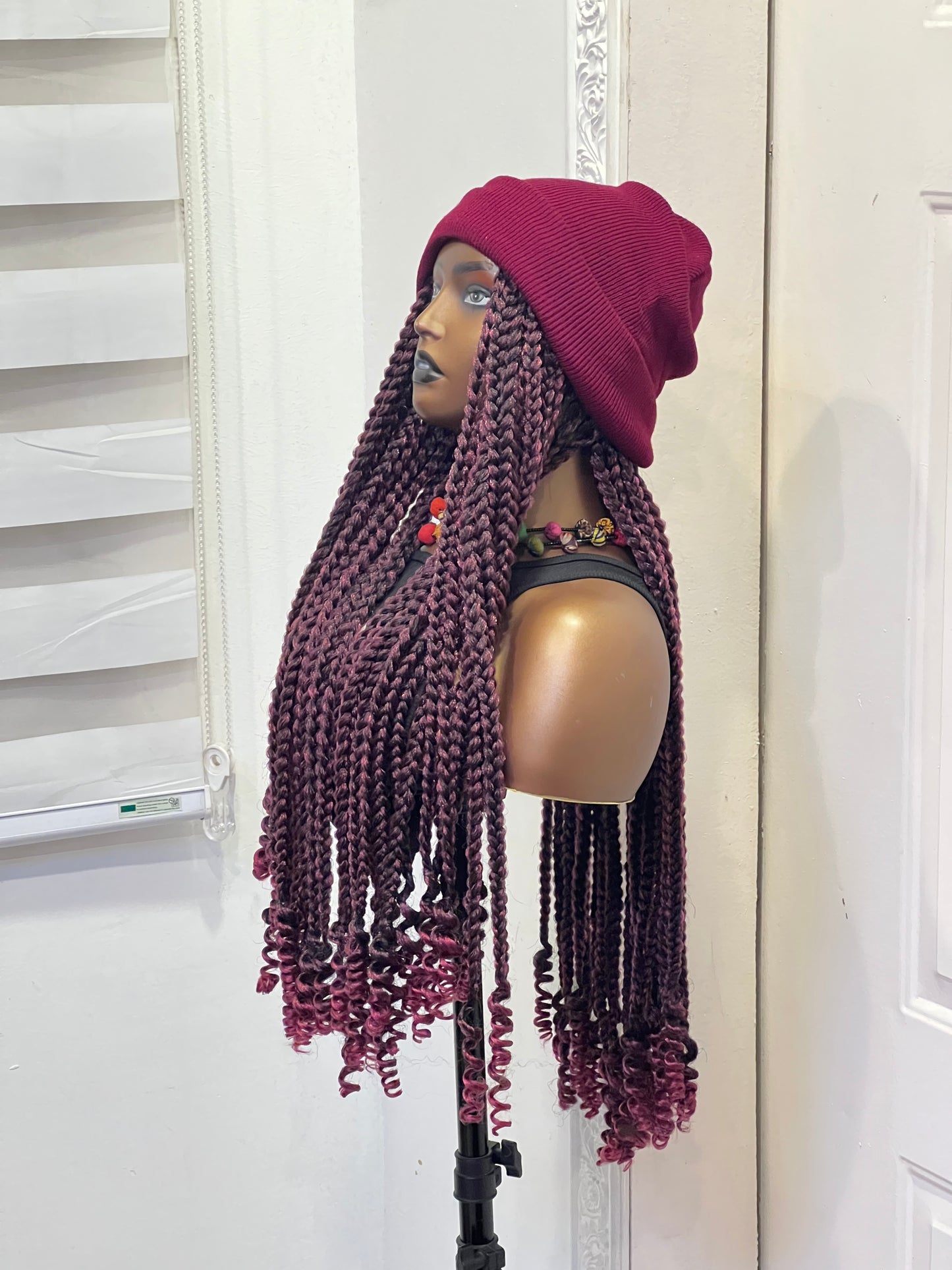 Wine beanie on wine boss braids