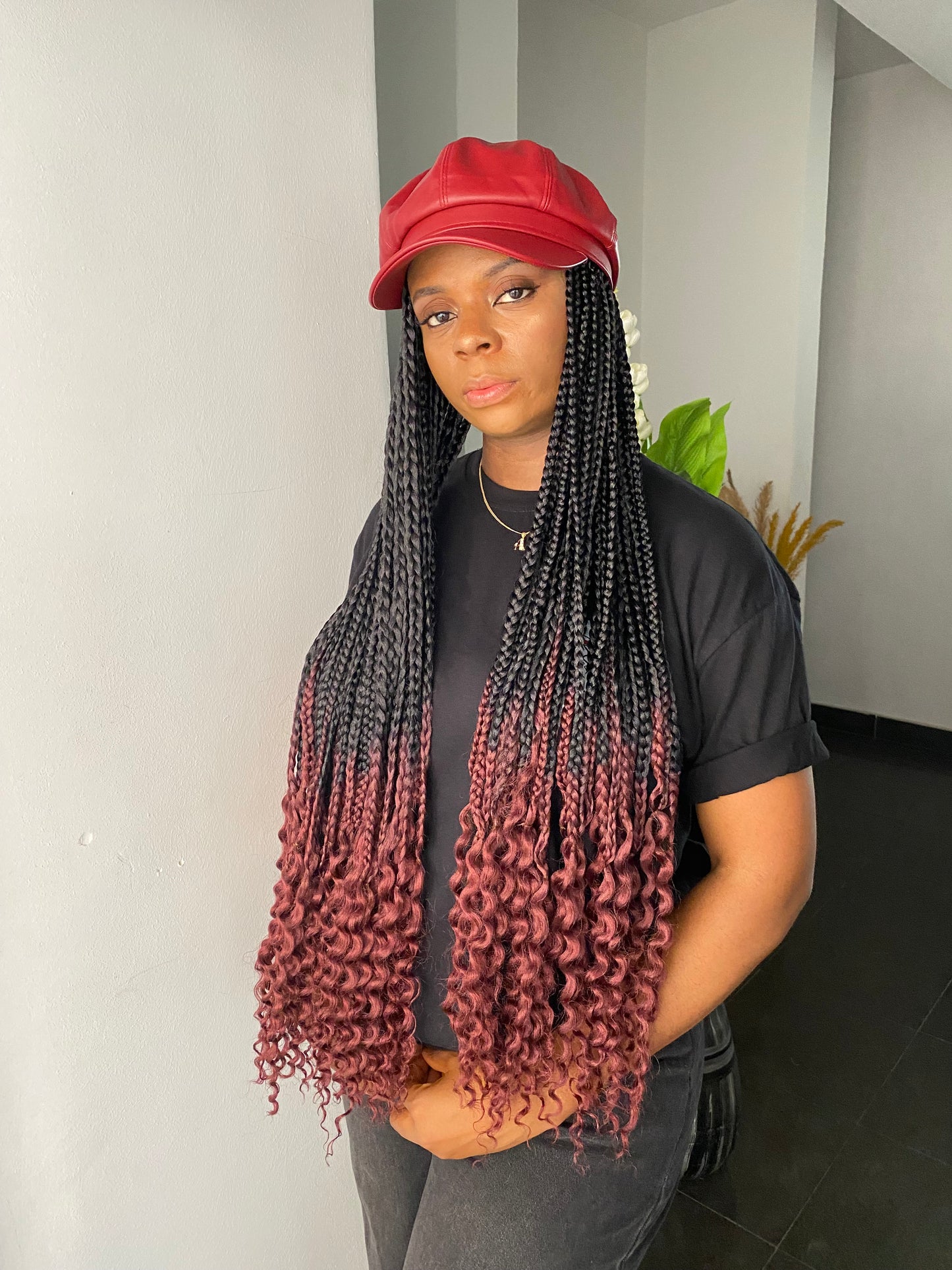 Wine premium hat on wine ombré braids