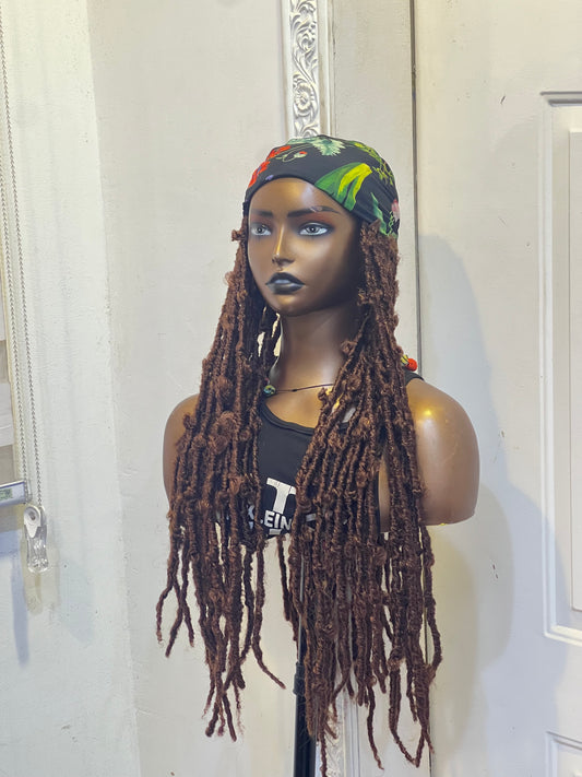 Brown butterfly locs on flowery scarf