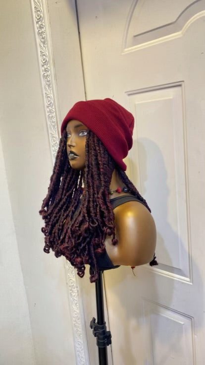 Wine beanie on burgundy dreads