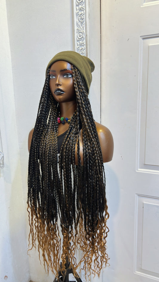Army green beanie on mixed gold braids