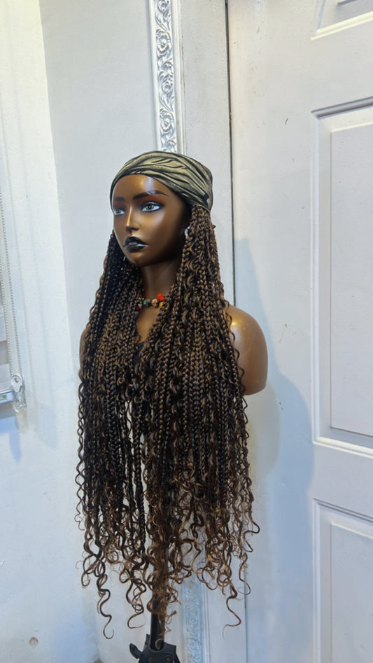 Brown Boho braids scarf wig